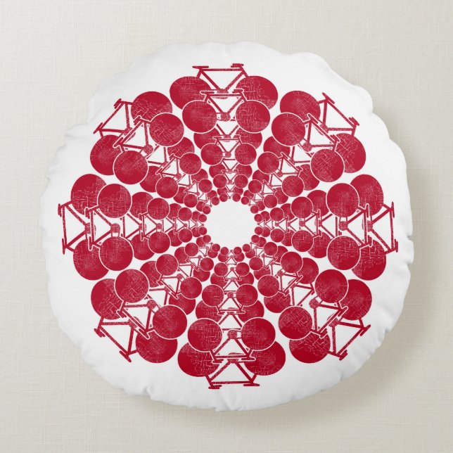 red bicycles mandala on white round cushion (Front)