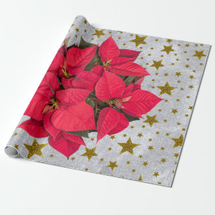 Red big Christmas flower, gold stars on silver Wrapping Paper