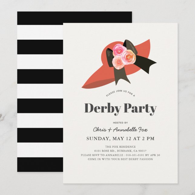 Red Big Hat Roses Derby Party Invitation (Front/Back)
