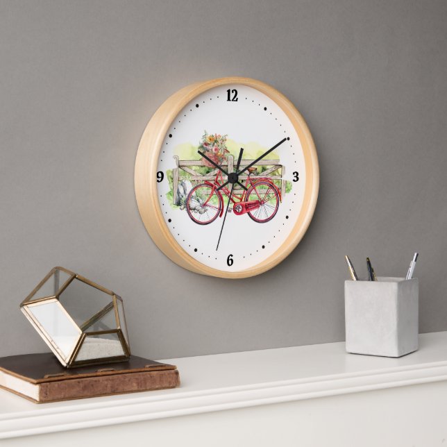 Red Bike with Flowers Watercolor  Clock (Office)