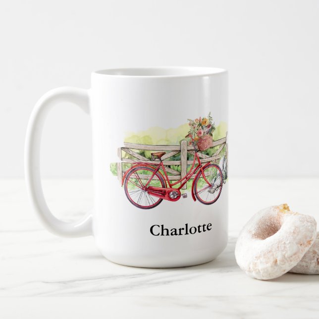 Red Bike with Flowers Watercolor Personalised Coffee Mug (With Donut)