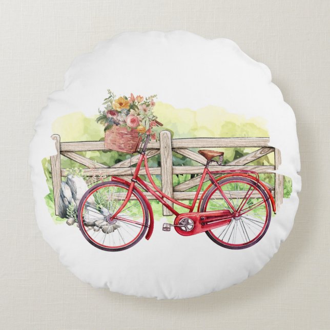 Red Bike with Flowers Watercolor  Round Cushion (Front)