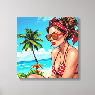 Red Bikini, Sunglasses and Bandana Woman   Canvas Print