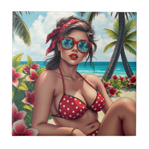 Red Bikini, Sunglasses and Bandana Woman Tile