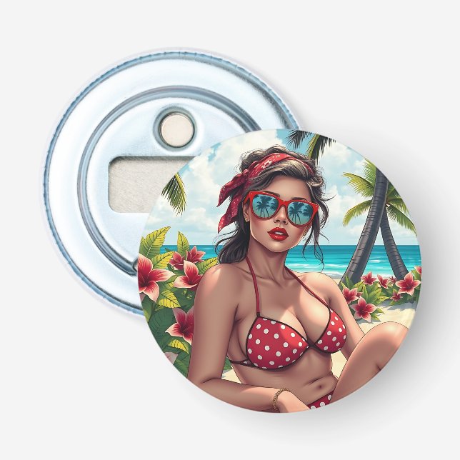Red Bikini, Sunglasses and Bandanna Woman   Bottle Opener (Front)