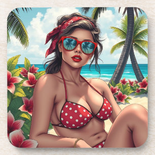 Red Bikini, Sunglasses and Bandanna Woman  Coaster
