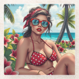 Red Bikini, Sunglasses and Bandanna Woman  Glass Coaster