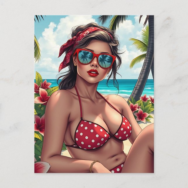 Red Bikini, Sunglasses and Bandanna Woman   Postcard (Front)
