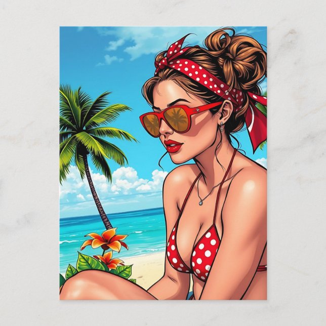 Red Bikini, Sunglasses and Bandanna Woman   Postcard (Front)