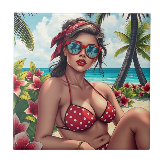 Red Bikini, Sunglasses and Bandanna Woman  Tile (Front)