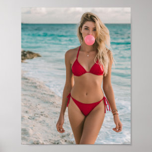 Red bikini Woman at Ocean Cute Bubble Gum Bubble Poster