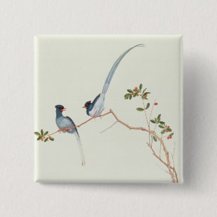 Red-billed blue magpies,a branch red berries 15 cm square badge