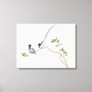 Red-billed blue magpies,a branch red berries canvas print