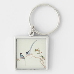 Red-billed blue magpies,a branch red berries key ring