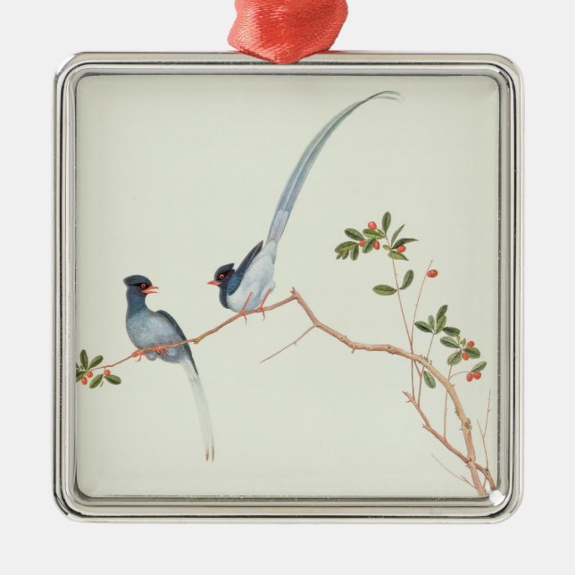 Red-billed blue magpies,a branch red berries metal tree decoration (Front)