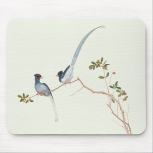 Red-billed blue magpies,a branch red berries mouse mat