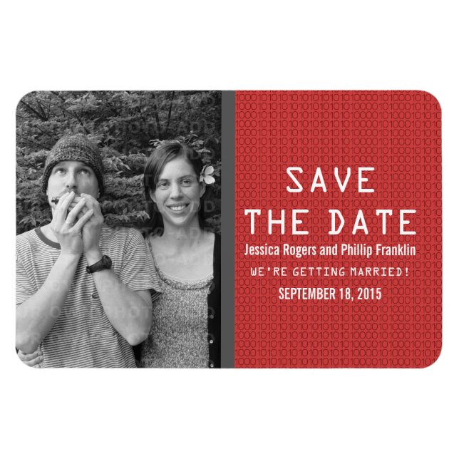 Red Binary Code Photo Save the Date Magnet (Horizontal)