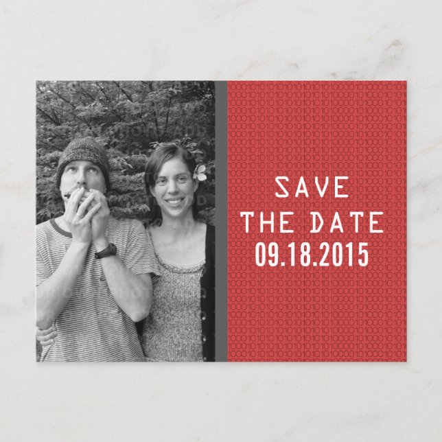 Red Binary Code Photo Save the Date Postcard (Front)