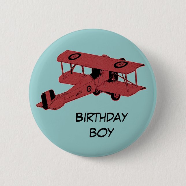 red biplane birthday boy pin button (Front)