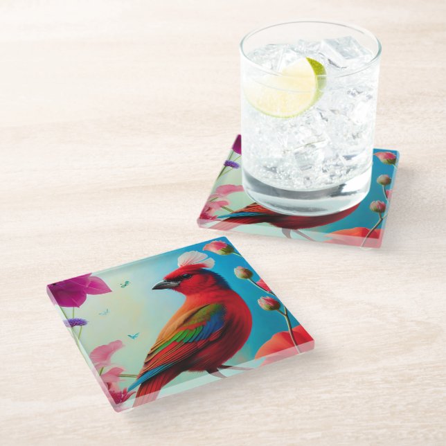 Red bird and flowers glass coaster (Angled)