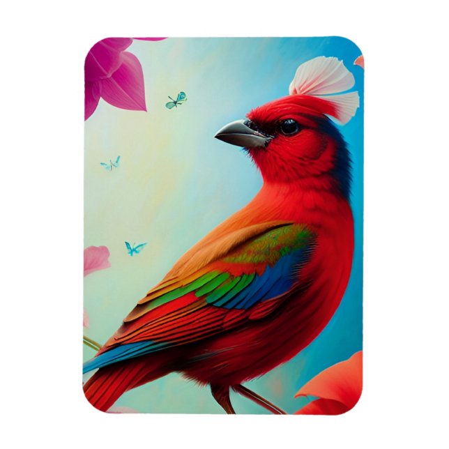 Red bird and flowers magnet (Vertical)
