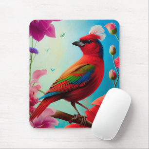 Red bird and flowers mouse mat
