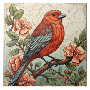 Red Bird and Peach Flowers Art Nouveau Tile