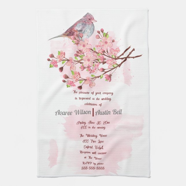 Red Bird and Pink Cherry Blossoms Invitation  Tea Towel (Vertical)