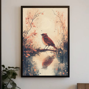 Red Bird and Water Nature Animal Wildlife Aestheti Poster