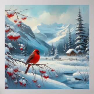 Red Bird and Winter Landscape 7 Poster
