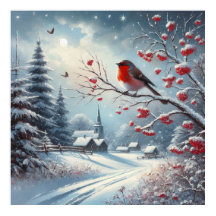 Red Bird and Winter Landscape