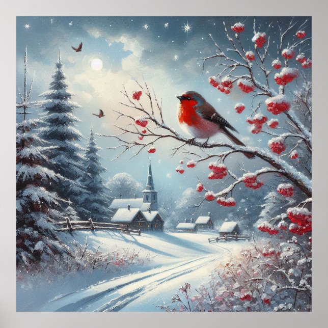 Red Bird and Winter Landscape Poster (Front)