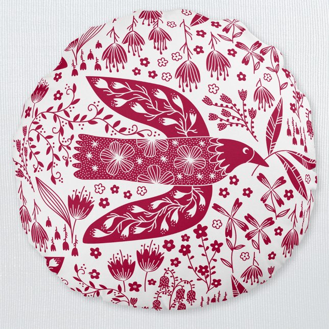 Red Bird Art Round Cushion (Red and white peace dove folk art pillow)