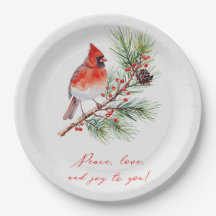 Red Bird Cardinal Christmas Paper Plate