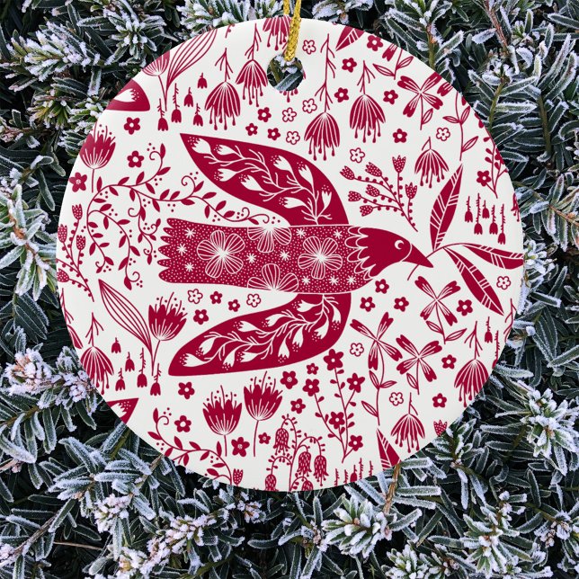 Red Bird Ceramic Tree Decoration (Red and white peace dove art Christmas ornament)