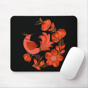 Red Bird & Floral Folk Art Mouse Pad on Black