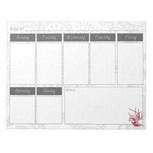 Red Bird & Floral Pattern Weekly Calendar Notepad