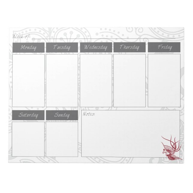 Red Bird & Floral Pattern Weekly Calendar Notepad (Front)