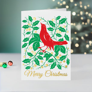 Red Bird & Holly Folded Foil Holiday Card