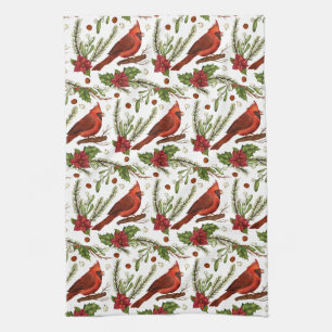 Red Bird, holly leaves, poinsettia, pine Tea Towel
