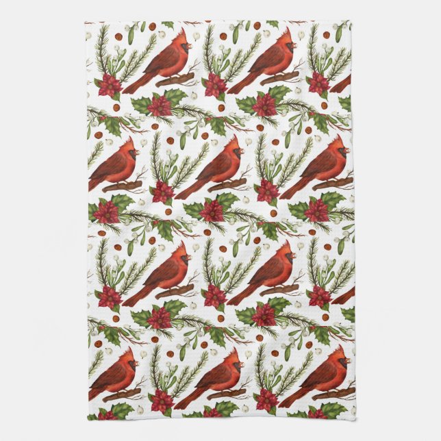 Red Bird, holly leaves, poinsettia, pine  Tea Towel (Vertical)