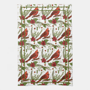 Red Bird, holly leaves, poinsettia, pine Tea Towel