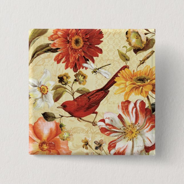 Red Bird in a Flower Garden 15 Cm Square Badge (Front)