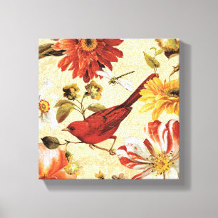 Red Bird in a Flower Garden Canvas Print