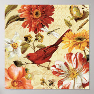 Red Bird in a Flower Garden Poster
