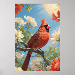 Red Bird in sunshine and flowers Poster
