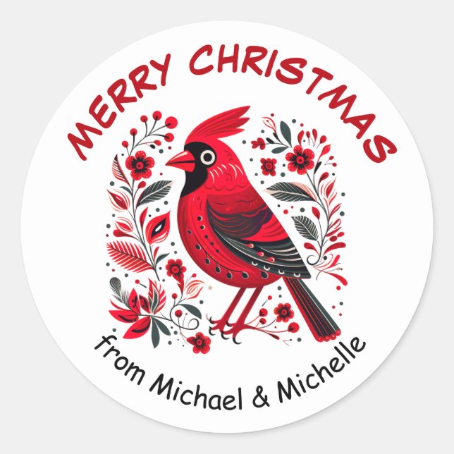 Red Bird Nordic Pattern Christmas Classic Round Sticker (Front)