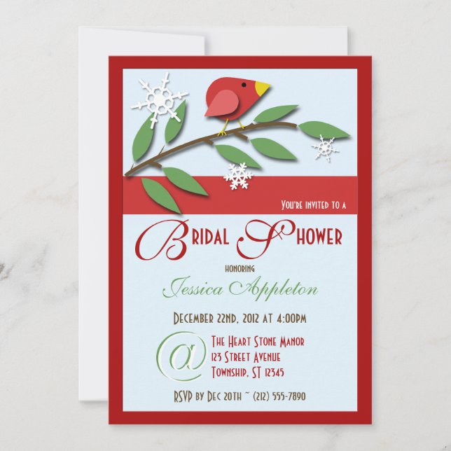 Red Bird on Branch - Bridal Shower Invitations (Front)