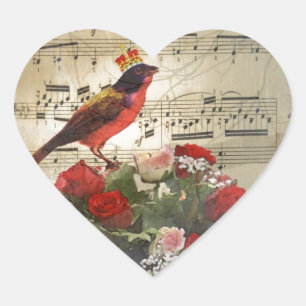 Red bird, & roses on vintage music sheet heart sticker