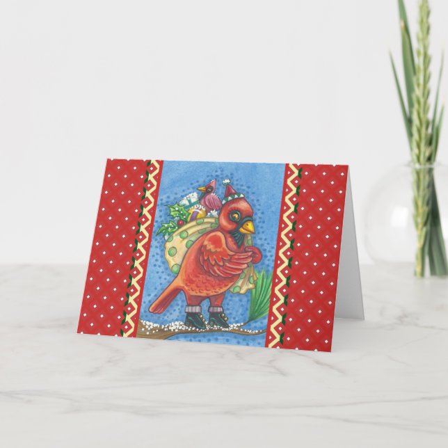 RED BIRD SANTA, GOOD CHEER CHRISTMAS CARDINAL HOLIDAY CARD (Front)